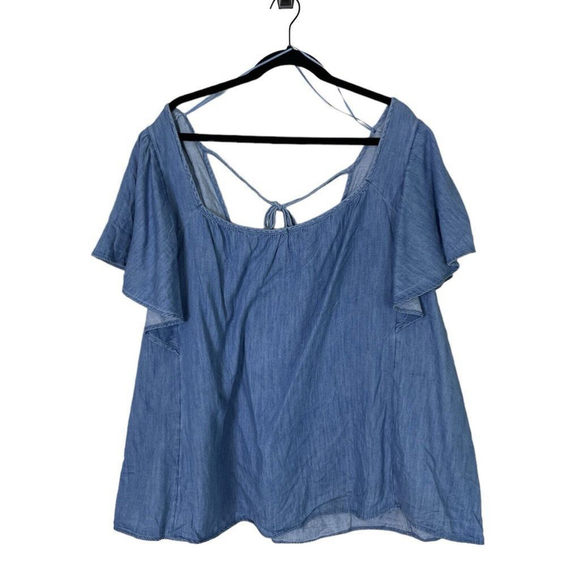 Old Navy Womens Flutter Sleeve Jean Blouse Top Size 4X New Flowy Tie Back Denim - Picture 1 of 9